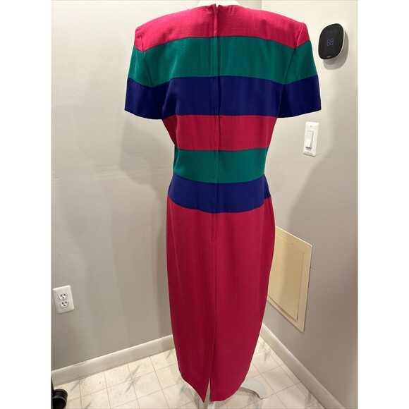 Vtg 80s Leslie Lucks Sheath Dress Pink Purple Green Striped Short Sleeve Size 12 - Picture 2 of 4